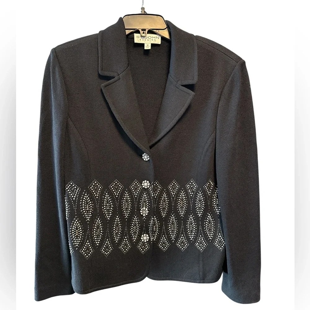 St John Evening Black Beaded Blazer Jacket Size 12 Vintage Santana Knit - Picture 4 of 10